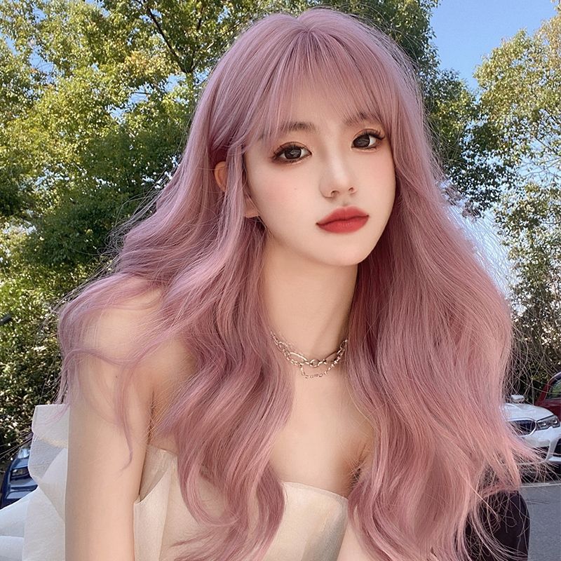 Femboy wear femboy ash pink body wave wig with bangs front