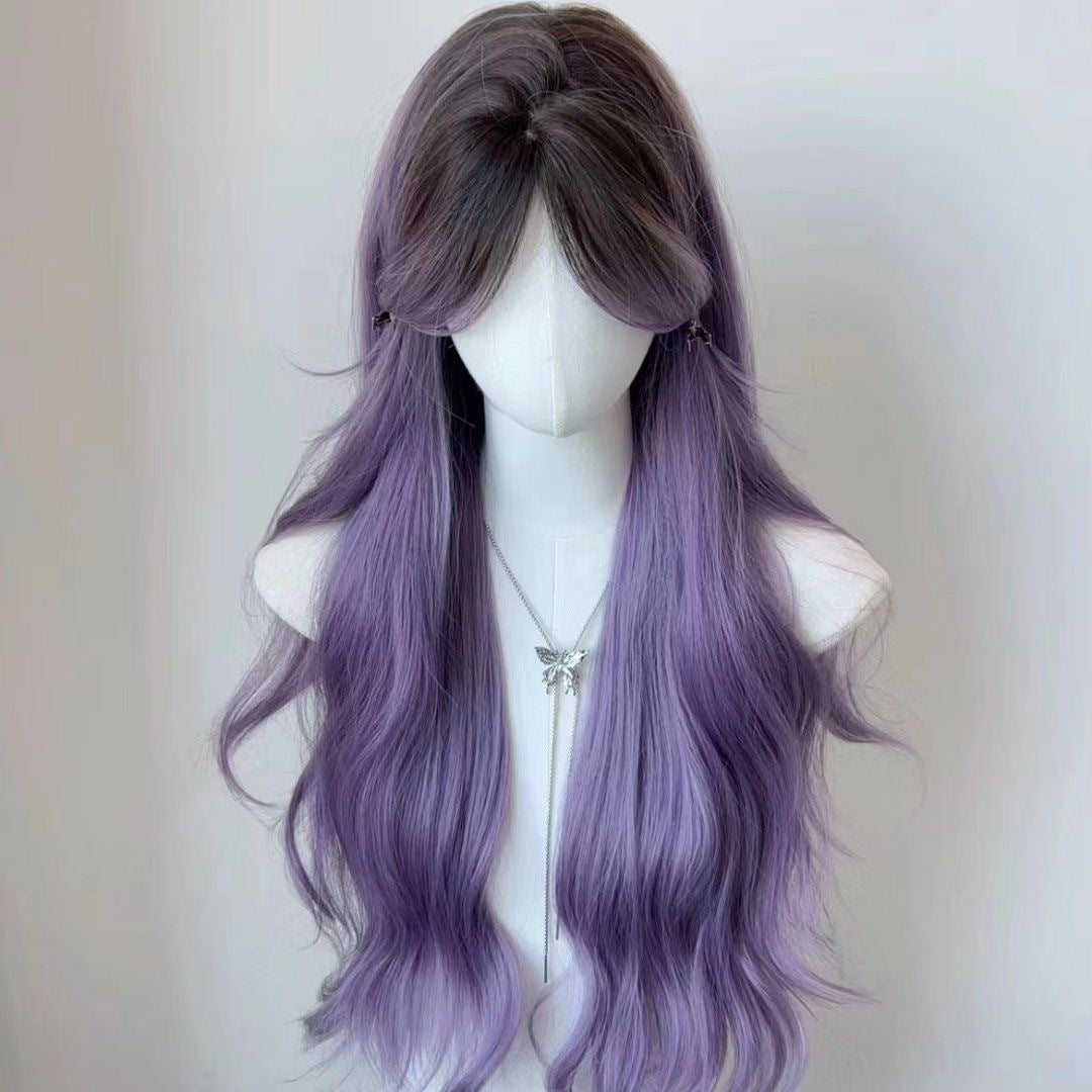 Femboy wear femboy brown purple wig with bangs front