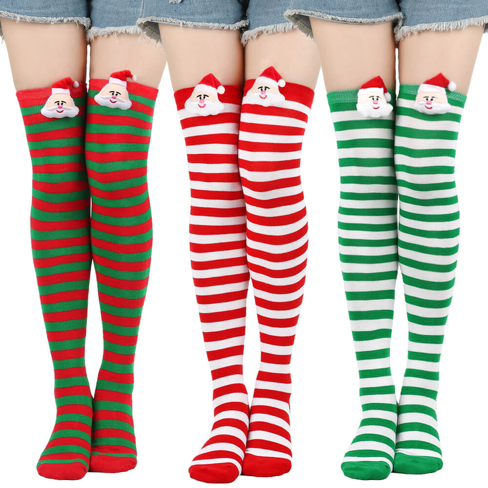 Femboy wear femboy christmas striped thigh high socks with santa