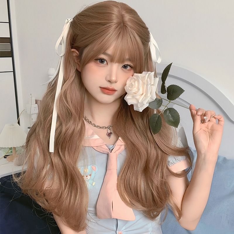 Femboy wear femboy honey blonde body wave wig with bangs