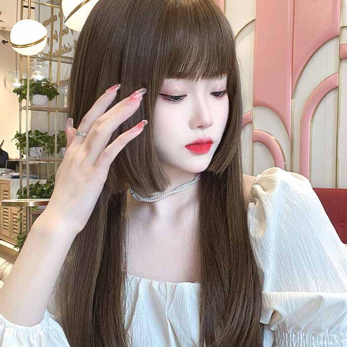 Femboy wear femboy light brown princess cut straight wig with bangs side