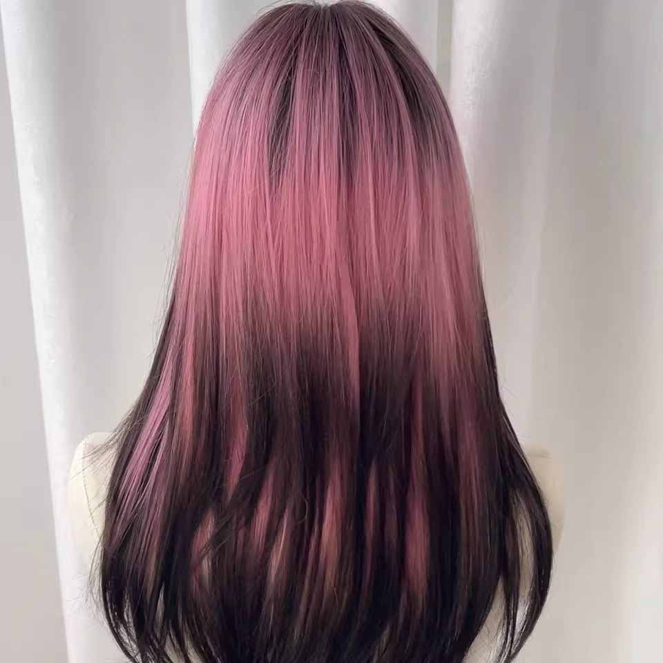 Femboy wear femboy pink and black gradient long straight wig back