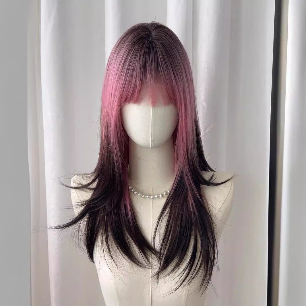 Femboy wear femboy pink and black gradient long straight wig detail