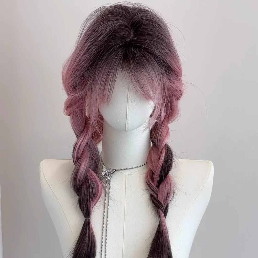 Femboy wear femboy pink and black gradient long straight wig front