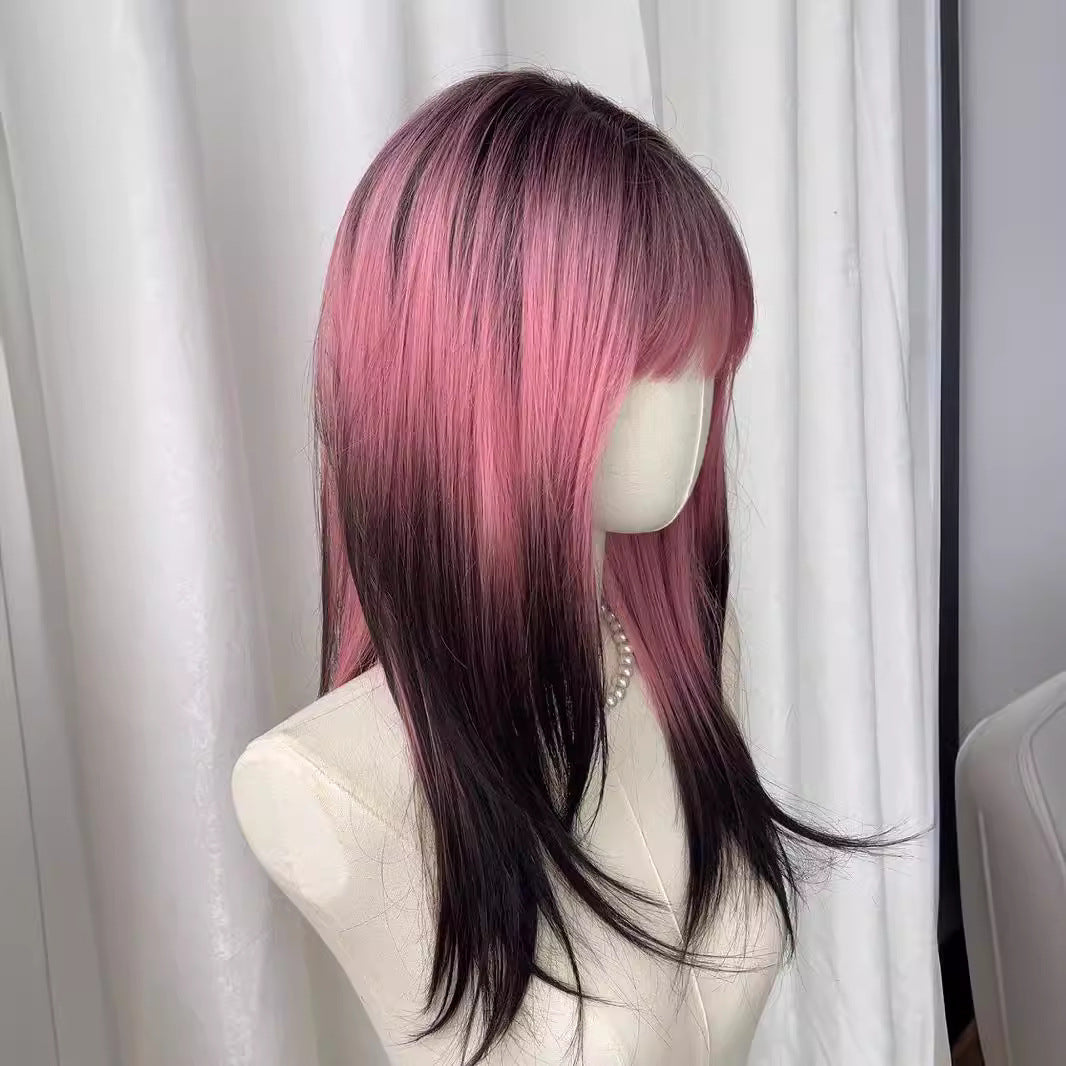 Femboy wear femboy pink and black gradient long straight wig side