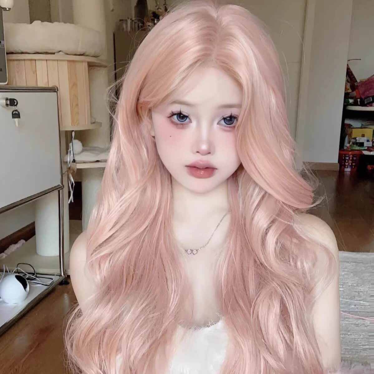 Femboy wear femboy pink blonde body wave wig with bangs