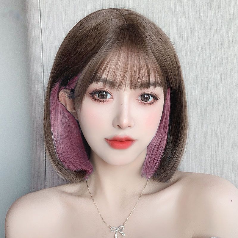 Femboy wear femboy pink highlight light brown bob wig front