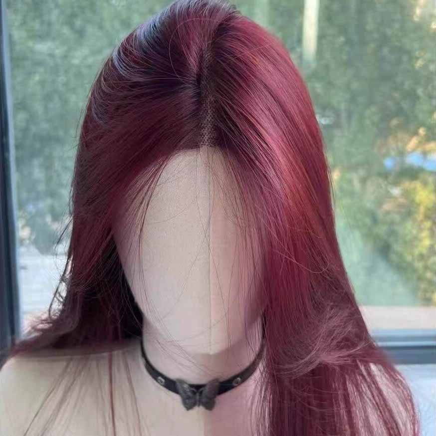 Femboy wear femboy plum red long straight lace front wig femboy fashion