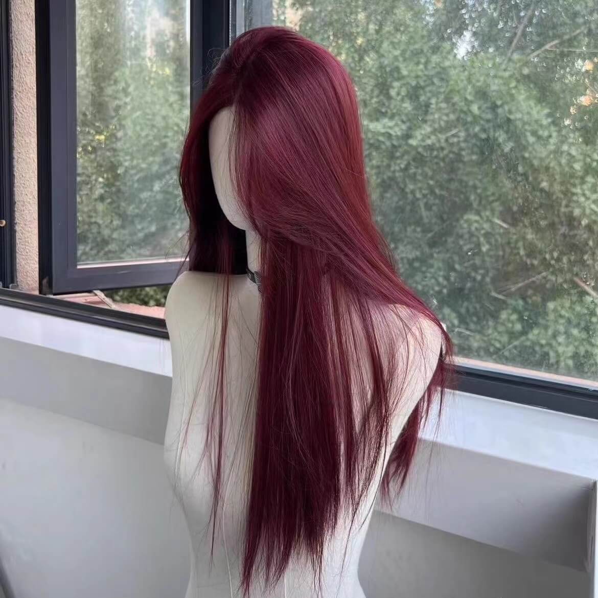 Femboy wear femboy plum red long straight lace front wig side