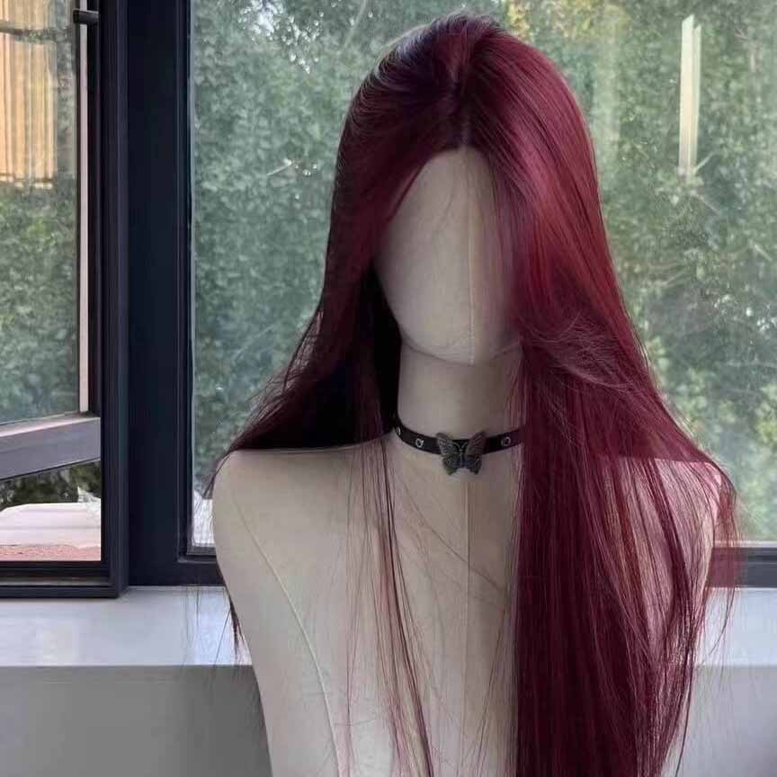 Femboy wear femboy plum red long straight lace front wig