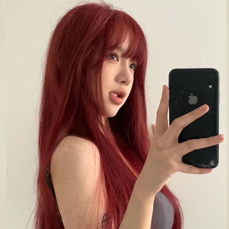 Femboy wear femboy plum red long straight wig with bangs