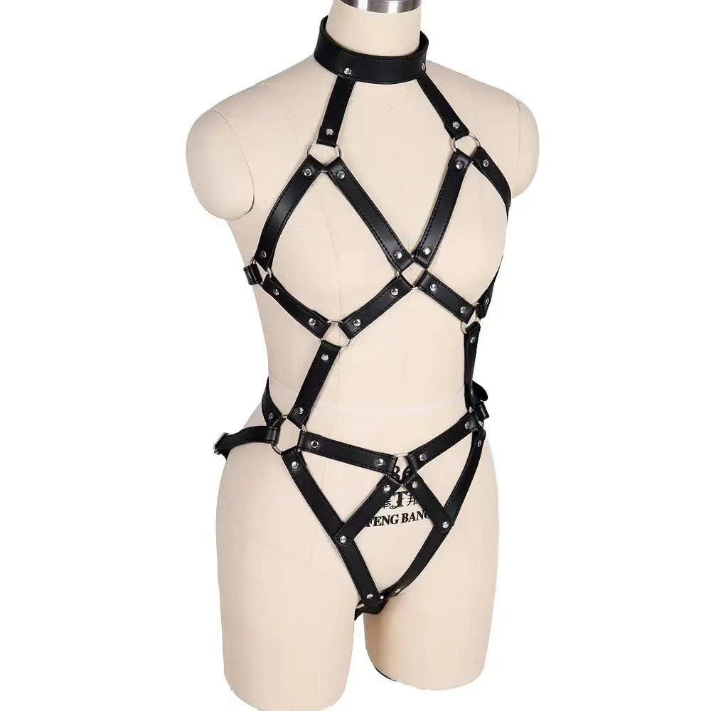 Femboy wear full body leather harness side