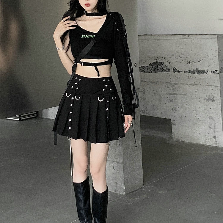 Femboy wear gothic black pleated skirt