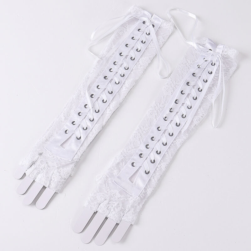 Femboy wear gothic lace up half finger lace gloves on back