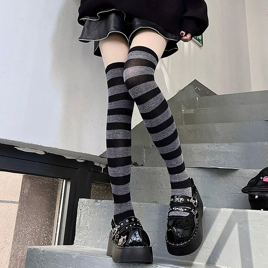 Femboy Wear Gray And Black Striped Thigh High Socks