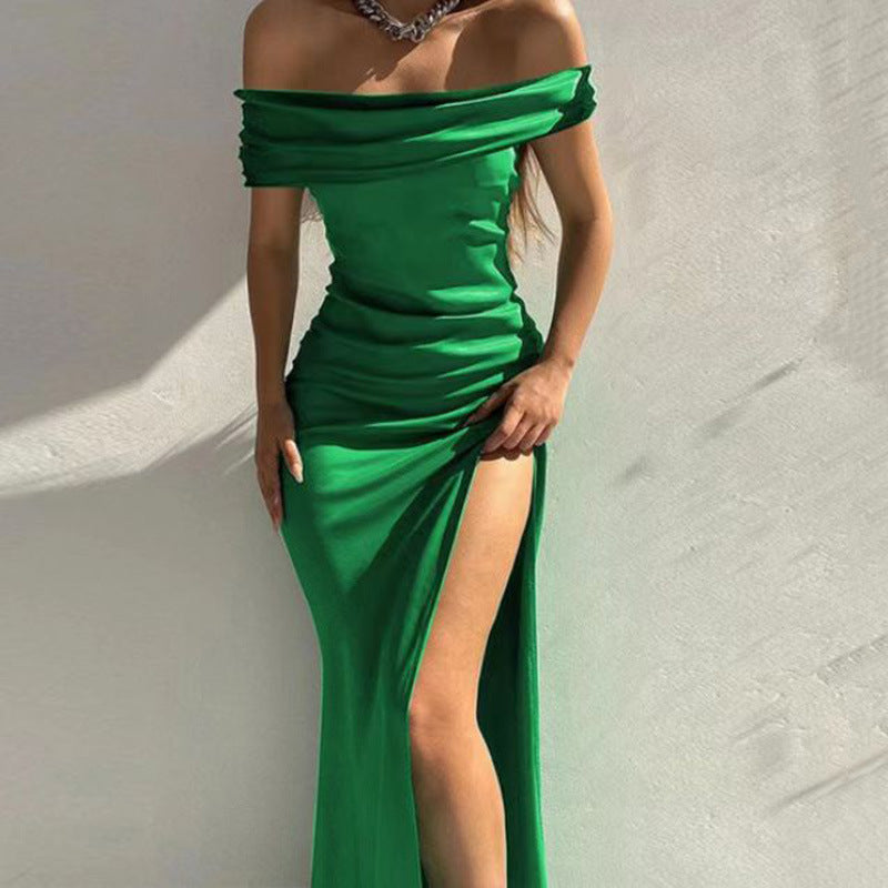 Femboy wear green elegant off the shoulder prom dress with slit