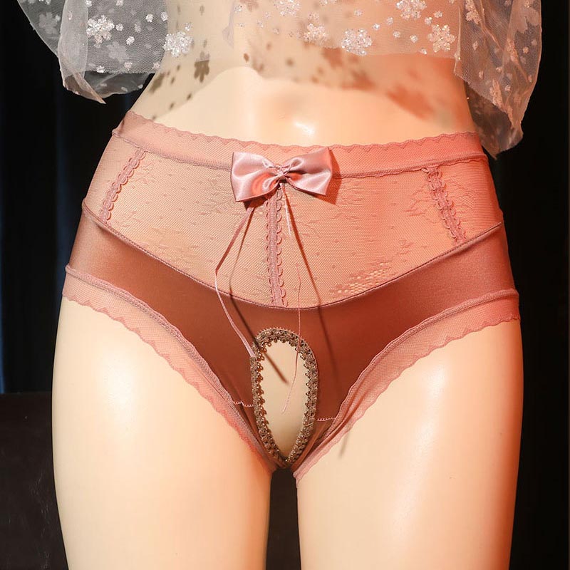 Femboy wear high waist lace crotchless panties with bow front