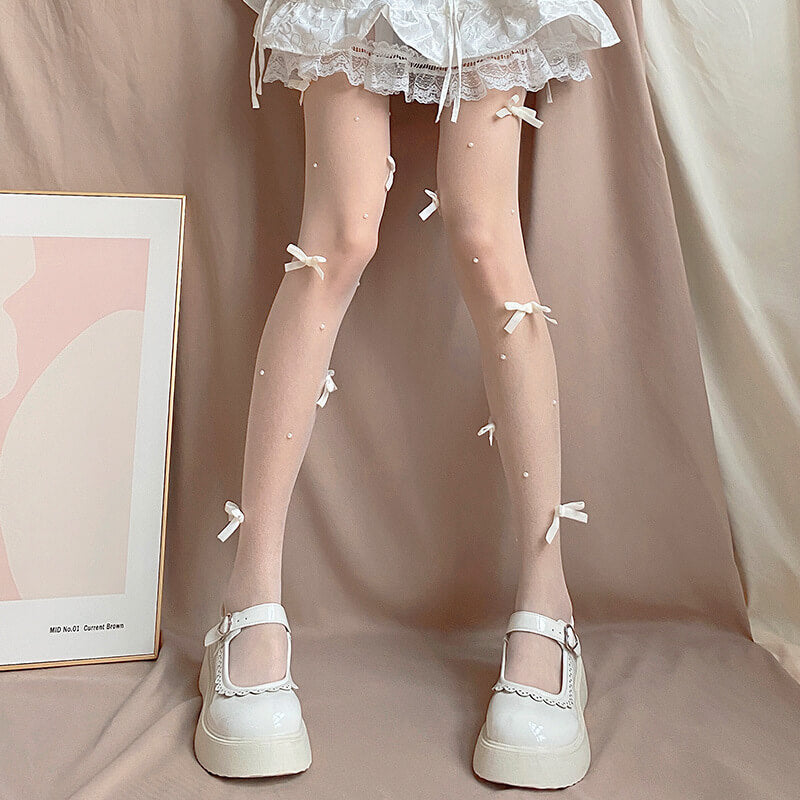 Femboy wear kawaii lolita bow pantyhose with pearl front