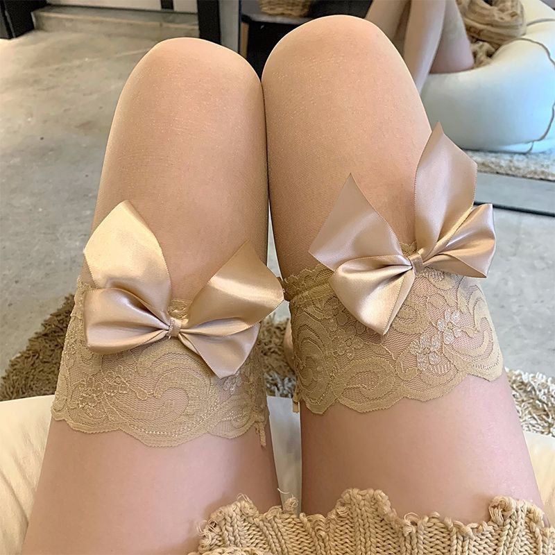 Femboy wear khaki lace high thigh stockings with big bow