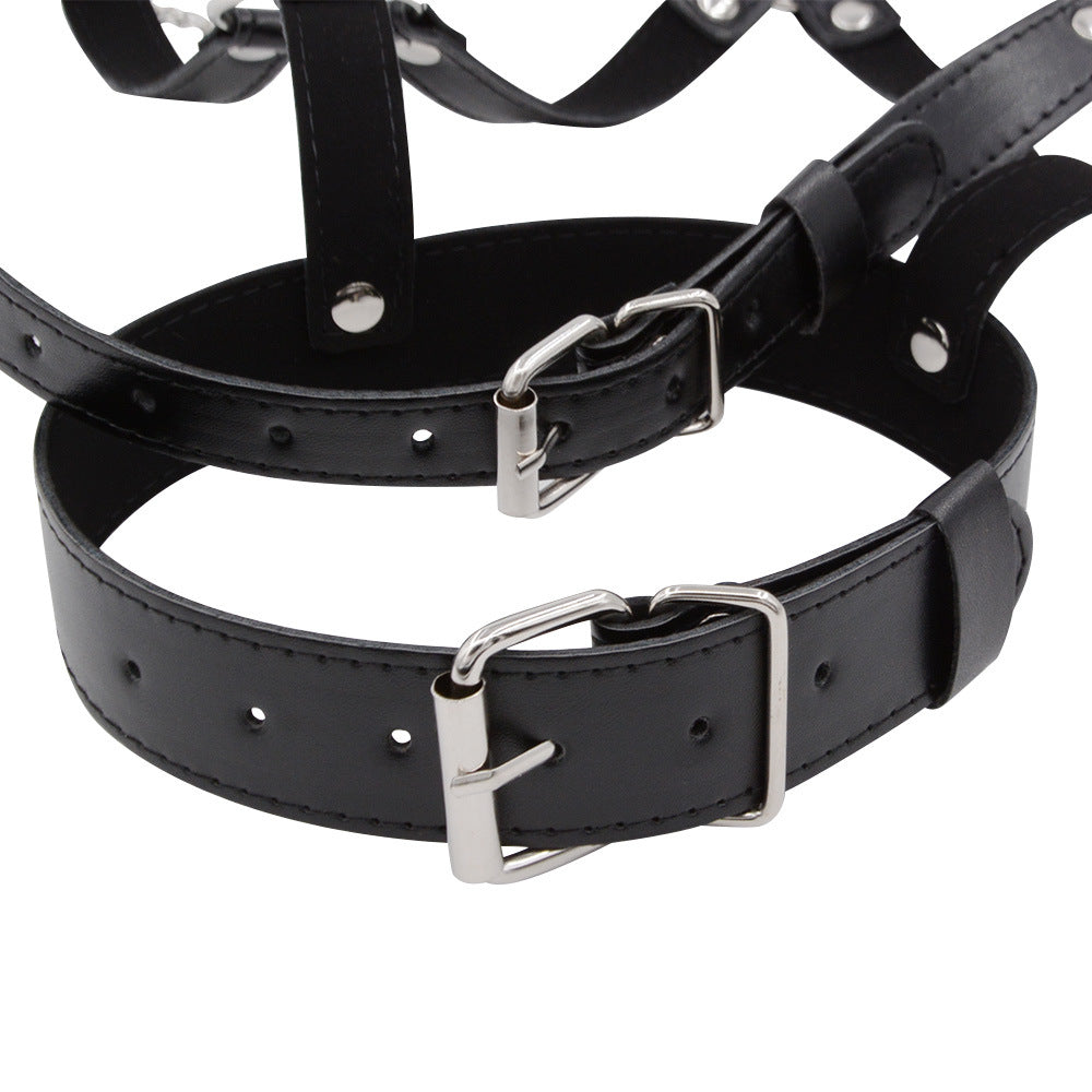 Femboy wear leather harness cage bra detail