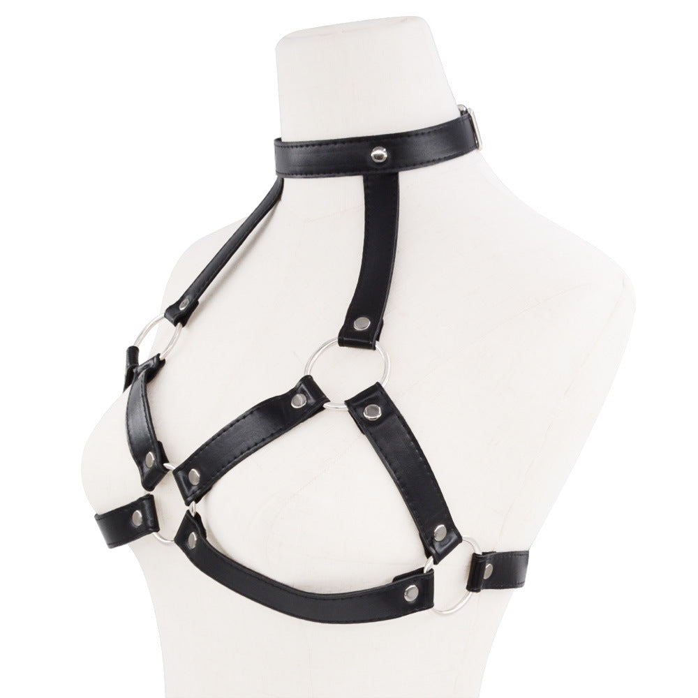 Femboy wear leather harness cage bra side