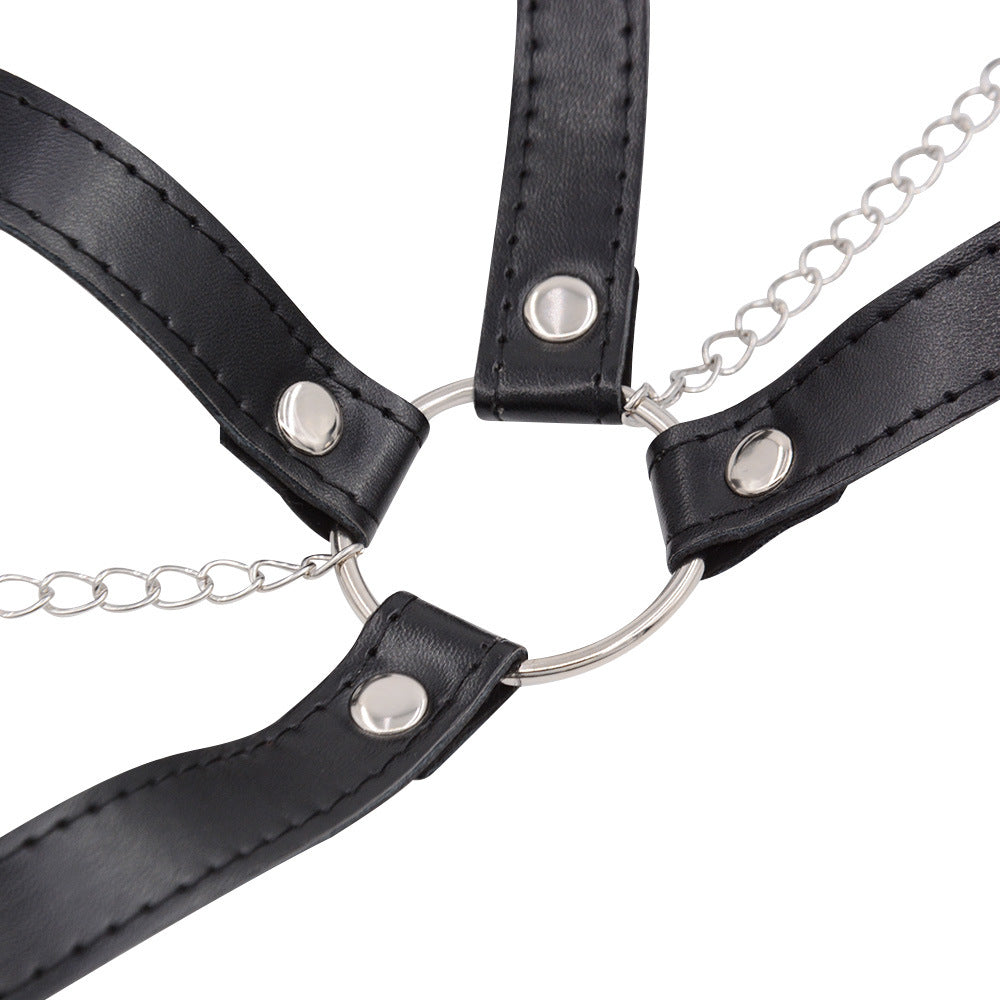 Femboy wear leather harness cage bra with chain detail