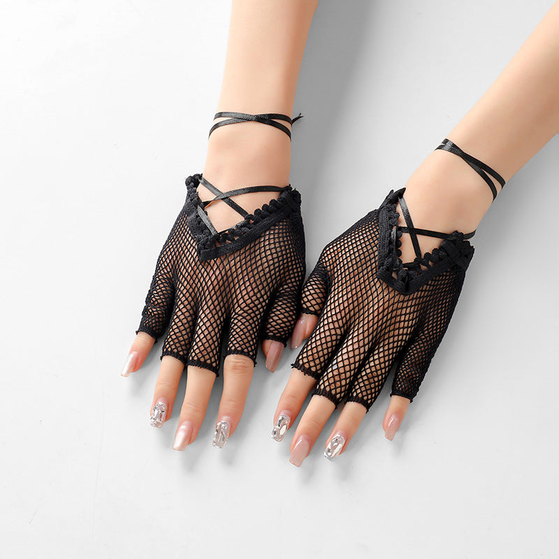 Femboy wear long fishnet half finger gloves detail