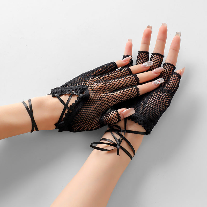 Femboy wear long fishnet half finger gloves side