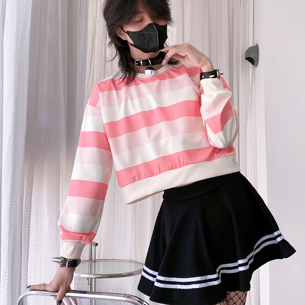 Femboy wear long sleeve black and gray striped t shirt detail