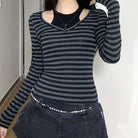 Femboy wear long sleeve black and gray striped t shirt detail