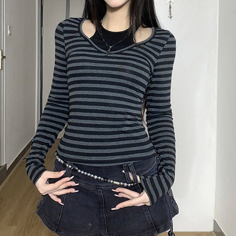 Femboy wear long sleeve black and gray striped t shirt front