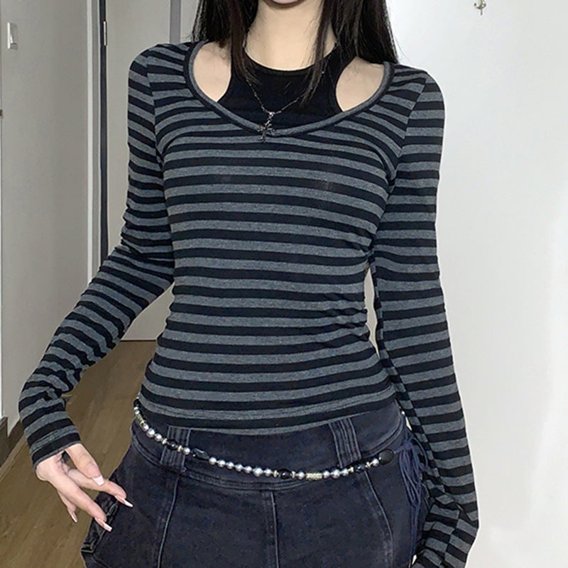 Femboy wear long sleeve black and gray striped t shirt