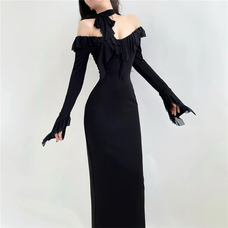 Femboy wear long sleeve black off shoulder dress front