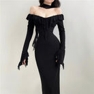 Femboy wear long sleeve black off shoulder dress