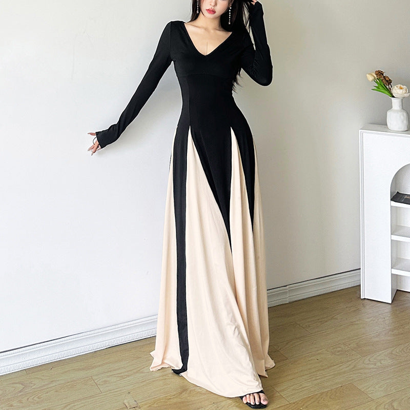 Femboy wear long sleeve color block maxi dress