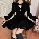 Femboy wear long sleeve short black dress with pearl detail