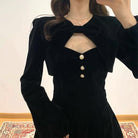 Femboy wear long sleeve short black dress with pearl front