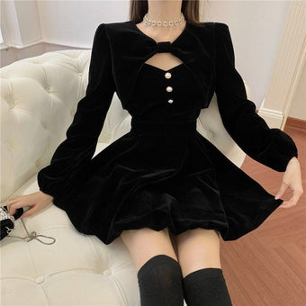 Long-Sleeve Short Black Pearl Femboy Dress