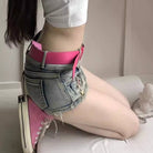 Femboy wear low rise denim mini skirt with pink belt for femboy