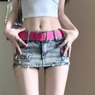 Femboy wear low rise denim mini skirt with pink belt front