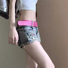 Femboy wear low rise denim mini skirt with pink belt side