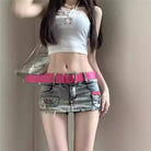 Femboy wear low rise denim mini skirt with pink belt