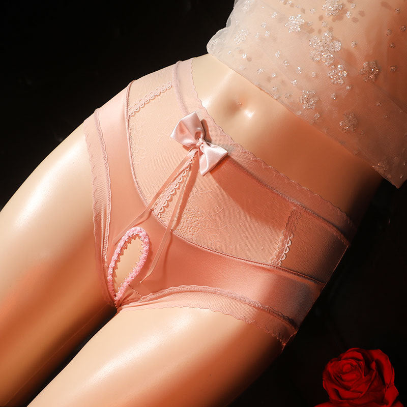 Femboy wear pink high waist lace crotchless panties with bow