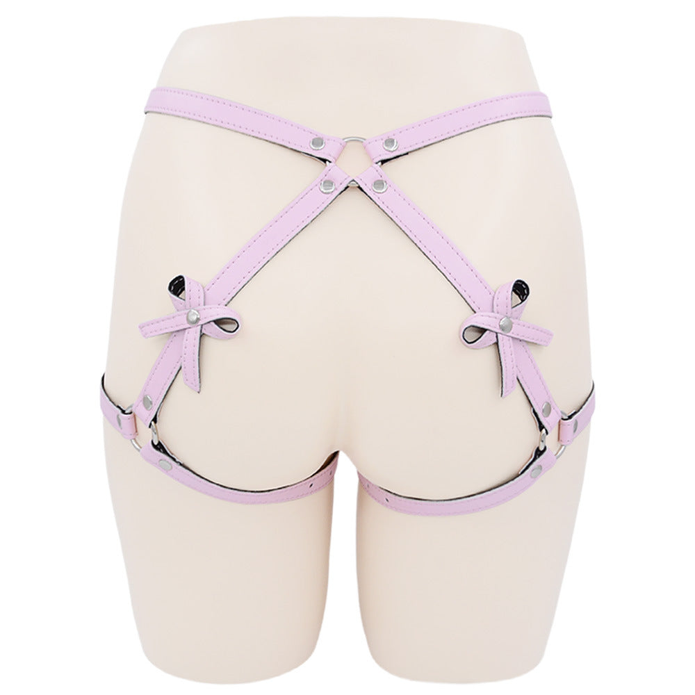 Femboy wear pink leather booty harness with bow