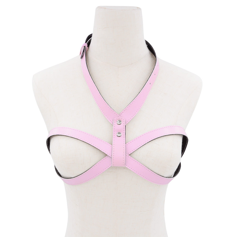 Femboy wear pink leather cage bra harness