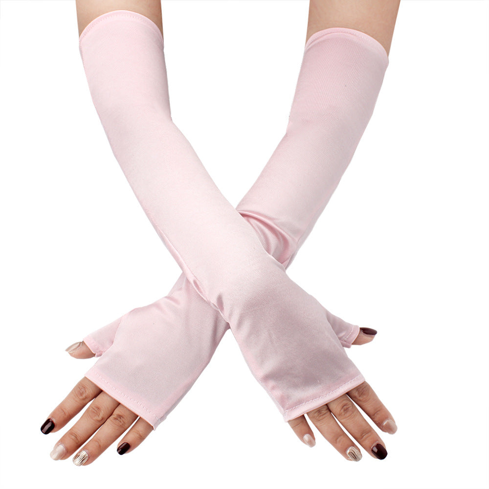 Femboy wear pink satin fingerless gloves