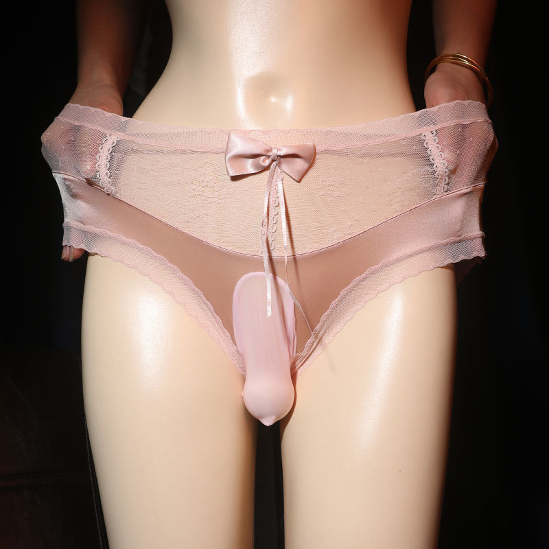 Femboy wear pink sexy pouch panties with bow