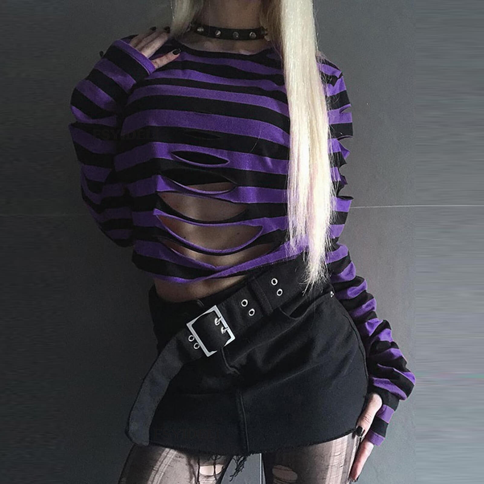 Femboy wear purple femboy striped ripped long sleeve t shirt