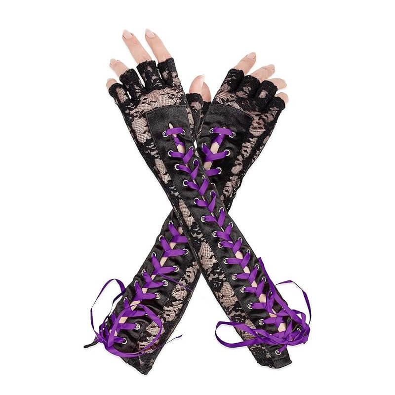 Femboy wear purple gothic lace up half finger lace gloves