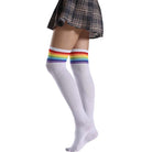 Femboy wear rainbow striped thigh high socks back